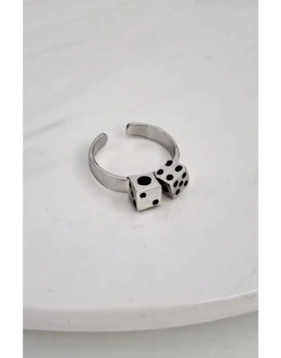 Antik Gümüş Kaplama Unisex Double Dice Çift Zar Ayarlanabilir Yüzük