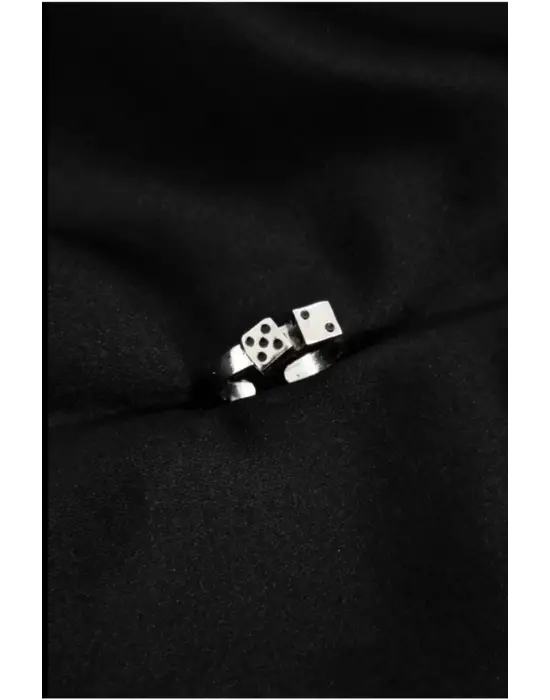 Antik Gümüş Kaplama Unisex Double Dice Çift Zar Ayarlanabilir Yüzük