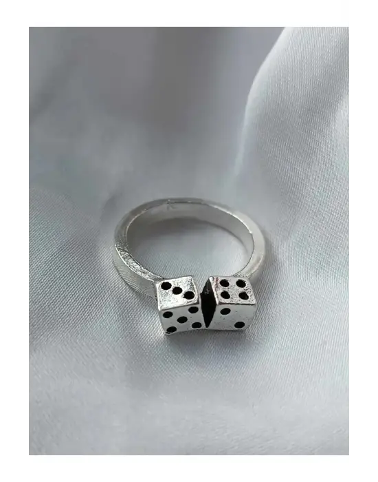 Antik Gümüş Kaplama Unisex Double Dice Çift Zar Ayarlanabilir Yüzük