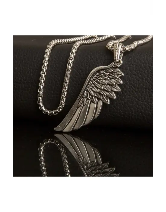 Antik Gümüş Kaplama Unisex Kartal Kanadı Figürlü Erkek Çelik Zincirli Kolye