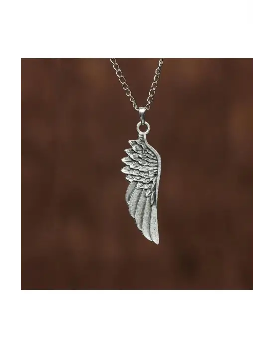 Antik Gümüş Kaplama Unisex Kartal Kanadı Figürlü Erkek Çelik Zincirli Kolye