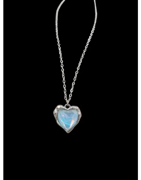 Gümüş Renk Mavi Aytaşı Görünümlü Kalp Kolye Estetik Kadın Takı