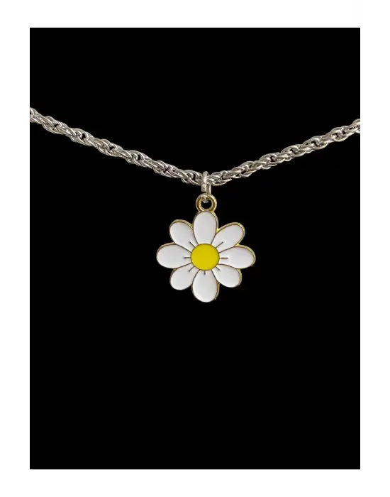 Antik Gümüş Kaplama Unisex Paslanmaz Çelik Zincirli Papatya Kolye