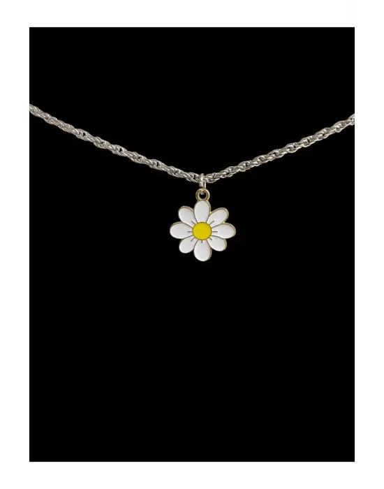 Antik Gümüş Kaplama Unisex Paslanmaz Çelik Zincirli Papatya Kolye