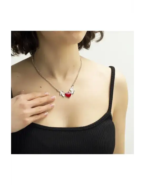 Antik Gümüş Kaplama Vintage Devil Red Heart Kolye