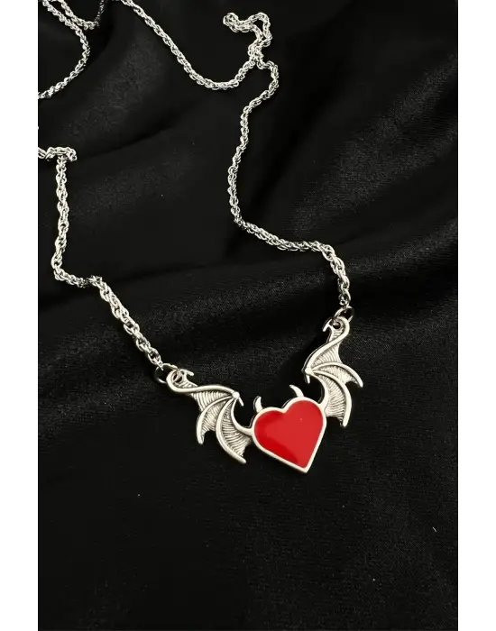 Antik Gümüş Kaplama Vintage Devil Red Heart Kolye