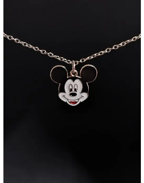 Antik Gümüş Kaplama Vintage Mickey Mouse Siyah Kolye