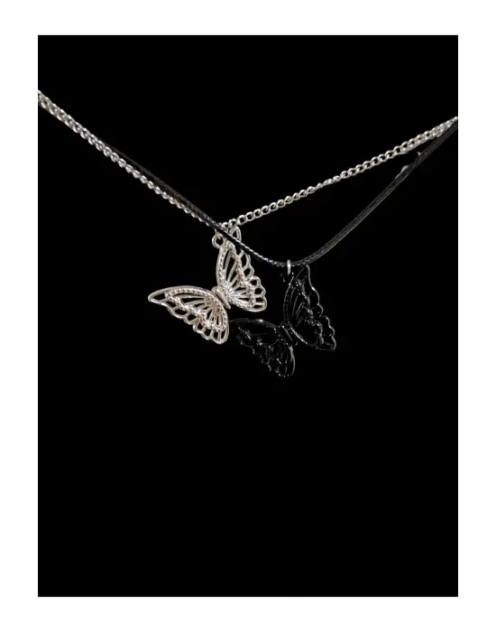 Antik Paslanmaz Çelik 2li Kelebek Butterfly Mıknatıslı Kolye Seti