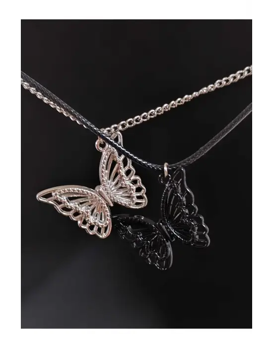 Antik Paslanmaz Çelik 2li Kelebek Butterfly Mıknatıslı Kolye Seti