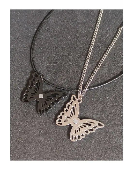 Antik Paslanmaz Çelik 2li Kelebek Butterfly Mıknatıslı Kolye Seti