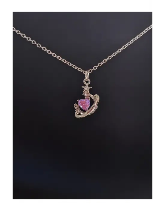 Antik Retro Antik El Yapımı Kalp Şeklinde Amestist İşlemeli Özel Zincirli Kolye
