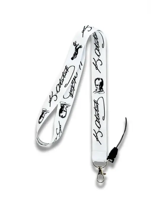 Beyaz Renk Kemal Atatürk İmzalı ve Portreli Boyun İpi Askısı Yaka Kartı Tutucu-Telefon Askısı