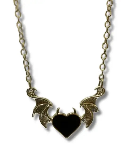 El Yapımı Antik Gotik Gümüş Kaplama Unisex Kalp Heart Decor Çift Kanat Unisex Zincirli Kolye