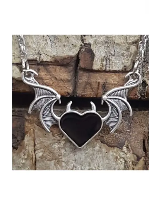 El Yapımı Antik Gotik Gümüş Kaplama Unisex Kalp Heart Decor Çift Kanat Unisex Zincirli Kolye