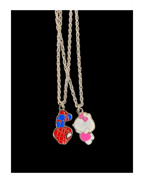 El Yapımı Özel 2 li Örümcek Adam Hello Kity Çift Sevgili Arkadaşlık Kolyesi