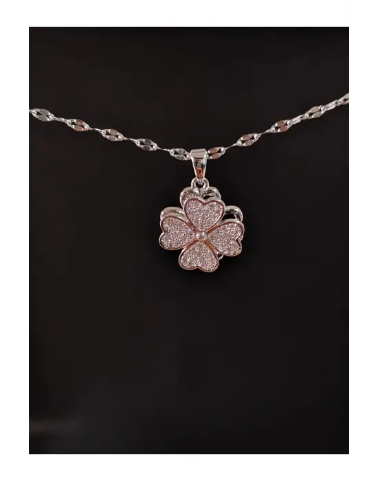 Gümüş Kaplama Özel Dönebilen Yonca Motifli Hediyelik Taşlı Kolye