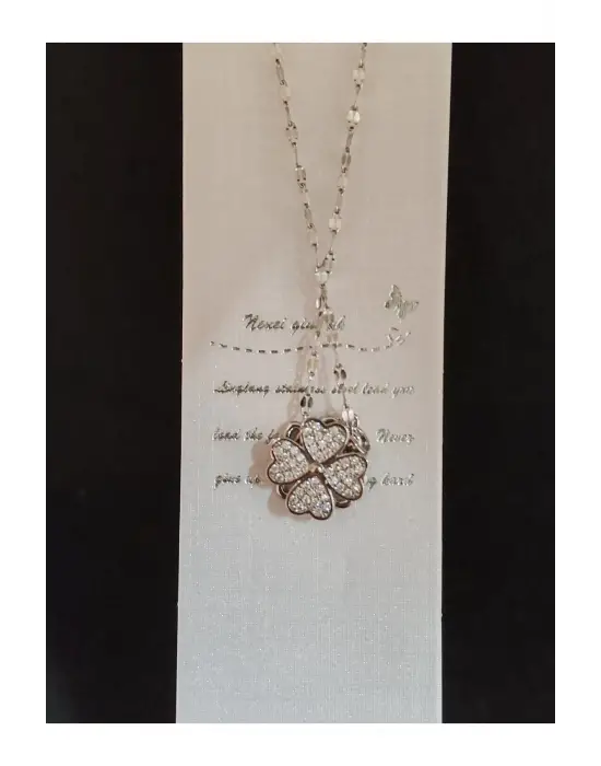 Gümüş Kaplama Özel Dönebilen Yonca Motifli Hediyelik Taşlı Kolye