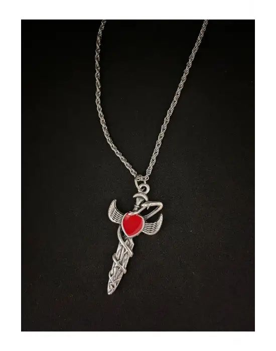 Gümüş Kaplama Paslanmaz Çelik Unisex Kırmızı Motifli Pentegram Aksesuar Zincirli Kolye