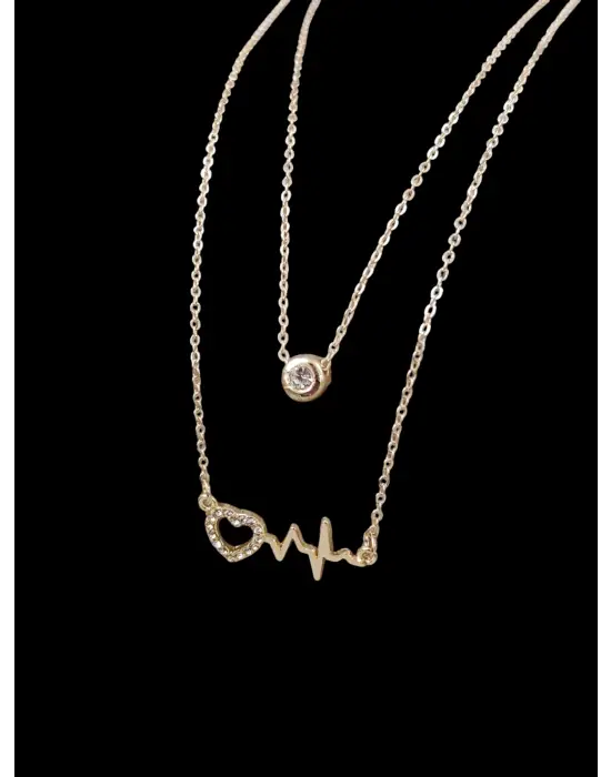 Zirkon Taşlı Kalp Atışı ve Tektaş Detaylı İkili Gold Kadın Kolye