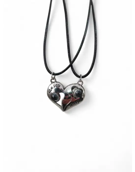 100 Dilde Seni Seviyorum Yazılı Mıknatıslı Kalp Çift Kolyesi Seti - Projeksiyonlu Kolye