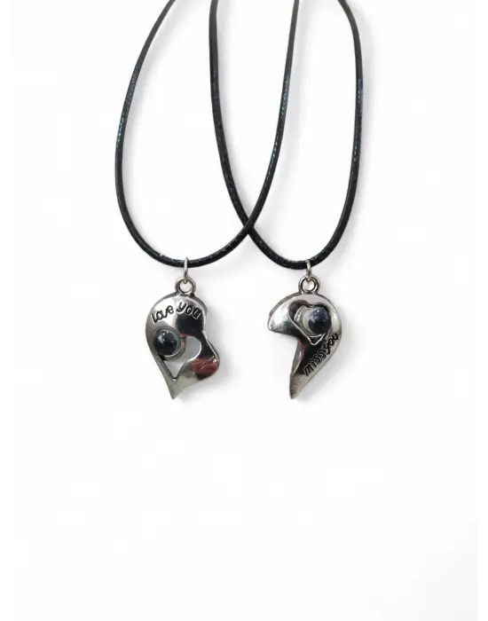 100 Dilde Seni Seviyorum Yazılı Mıknatıslı Kalp Çift Kolyesi Seti - Projeksiyonlu Kolye