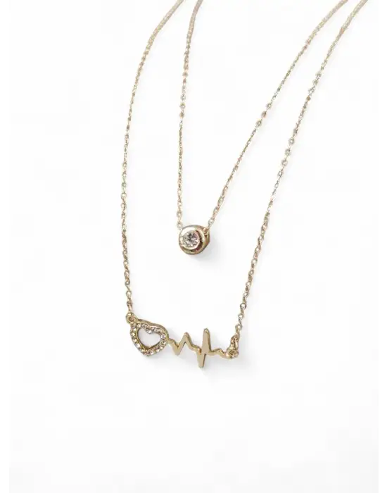 Zirkon Taşlı Kalp Atışı ve Tektaş Detaylı İkili Gold Kadın Kolye