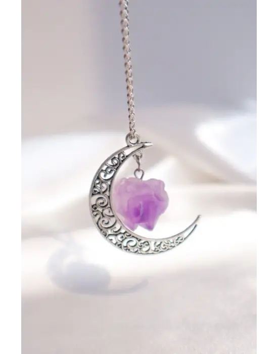 İhtişamlı Doğal Taş Amestistli Moon Hediyelik Kolye