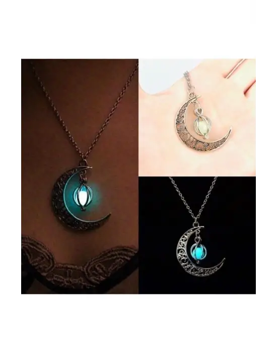 Karanlıkta Parlayan Fosforlu Gri Ay Moon Hediyelik Kolye