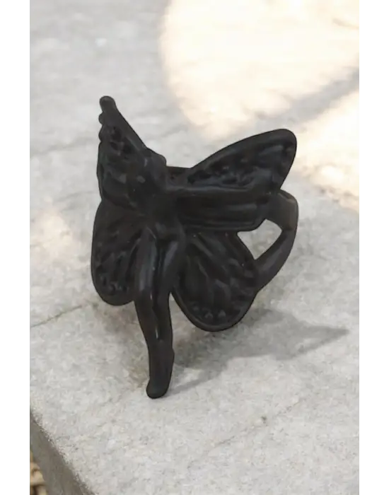 Mat Siyah Kaplama Ayarlanabilir Peri Kanadı Unisex Yüzük - Gotik Fairycore Aesthetic Tasarım
