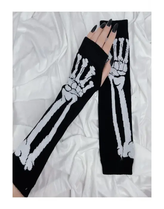 Motif Pamuk Düz Siyah Kesik Parmak Iskelet Kolluk