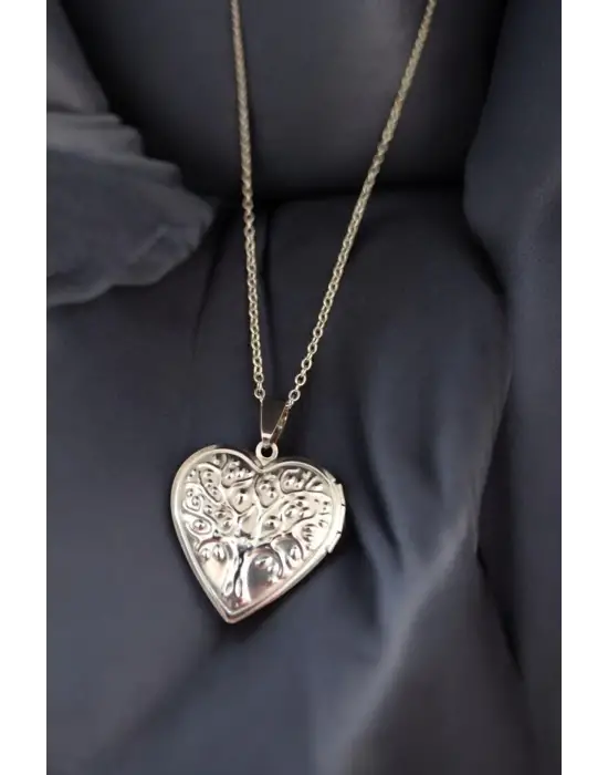 Özel  Gümüş Kaplama El Yapımı Fotoğraflı Içi Açılır, Kalp Biçimli, Kapaklı Zincirli Kolye