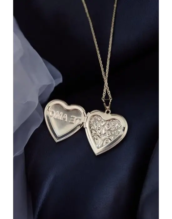 Özel  Gümüş Kaplama El Yapımı Fotoğraflı Içi Açılır, Kalp Biçimli, Kapaklı Zincirli Kolye