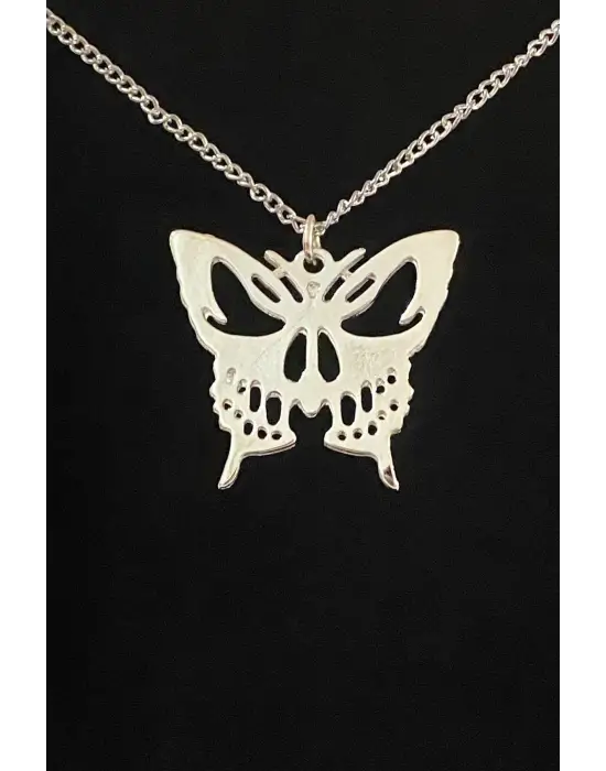 Paslanmaz Çelik Retro Vintage Aesthetic Grey Butterfly Zincirli Kolye