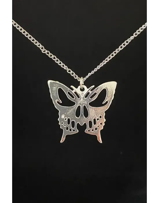 Paslanmaz Çelik Retro Vintage Aesthetic Grey Butterfly Zincirli Kolye