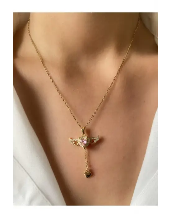 Pembe Zirkon Taşlı Melek Kanatlı Hareketli Paslanmaz Çelik Kolye