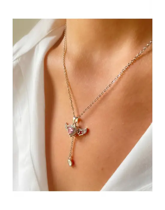 Pembe Zirkon Taşlı Melek Kanatlı Hareketli Paslanmaz Çelik Kolye