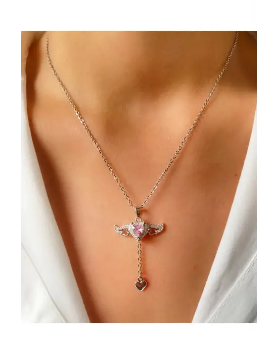 Pembe Zirkon Taşlı Melek Kanatlı Hareketli Paslanmaz Çelik Kolye