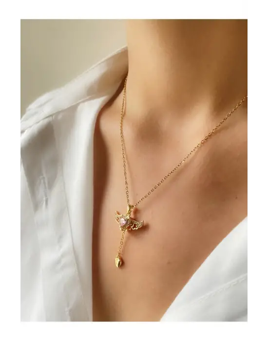 Pembe Zirkon Taşlı Melek Kanatlı Hareketli Paslanmaz Çelik Kolye