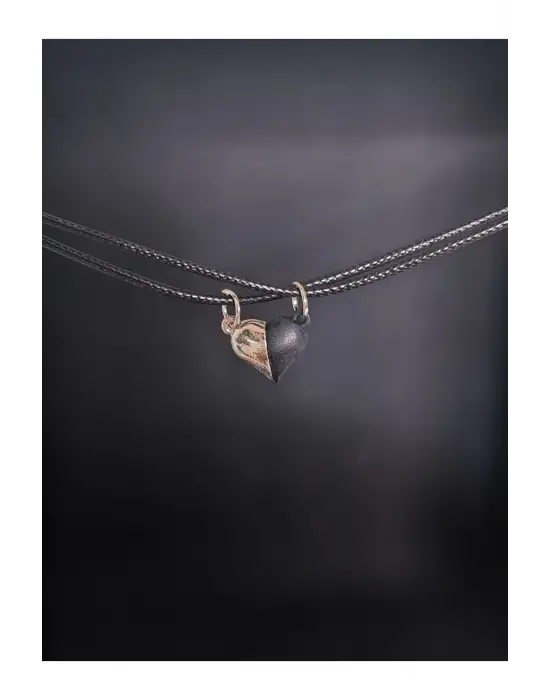 Retro Antik El Yapımı Siyah Kalp Şeklinde 2li Mıknatıslı Özel Görünüm Sevgili Hediyelik Kolye