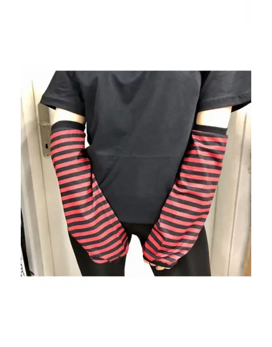 Retro Kesik Parmak Ikili Kırmızı Siyah Çizgili Kolluk