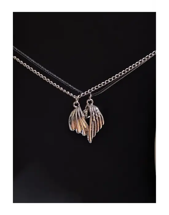 Retro Vintage Heart Birleşen Kanat Yarasa 2li Hediyelik Mıknatıslı Kolye