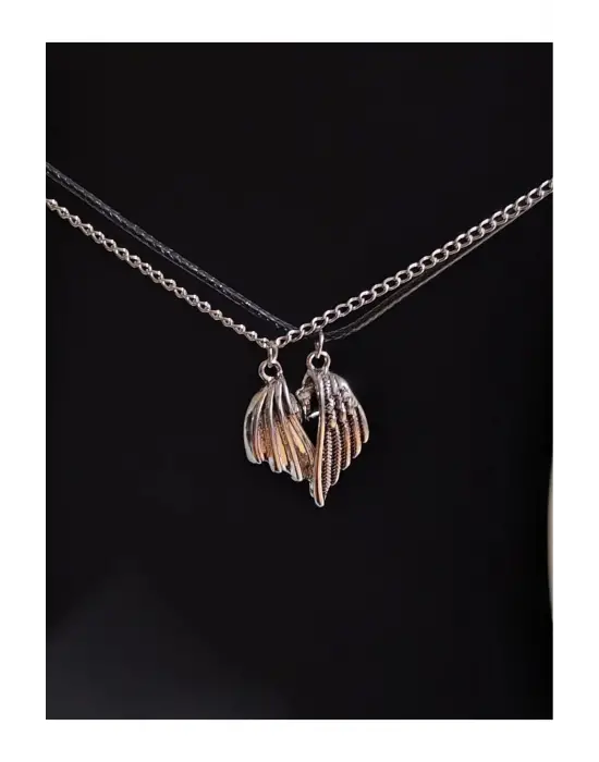 Retro Vintage Heart Birleşen Kanat Yarasa 2li Hediyelik Mıknatıslı Kolye