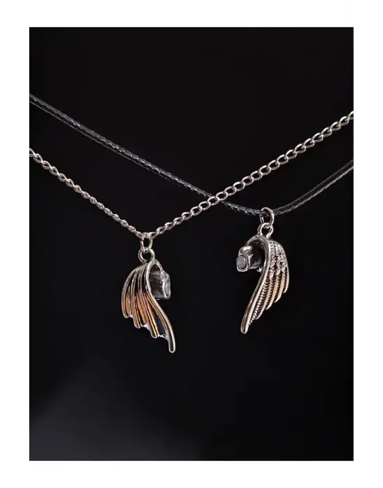 Retro Vintage Heart Birleşen Kanat Yarasa 2li Hediyelik Mıknatıslı Kolye