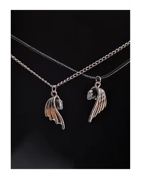 Retro Vintage Heart Birleşen Kanat Yarasa 2li Hediyelik Mıknatıslı Kolye