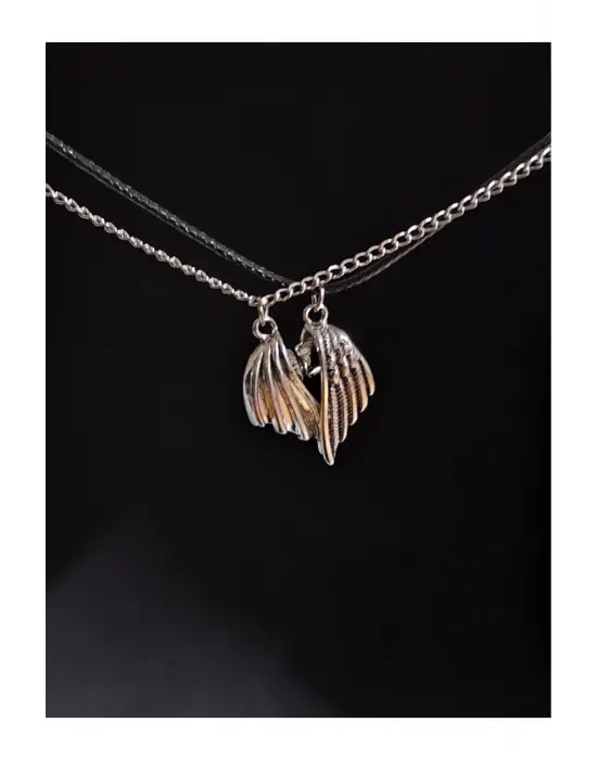 Retro Vintage Heart Birleşen Kanat Yarasa 2li Hediyelik Mıknatıslı Kolye