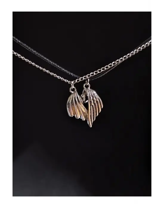 Retro Vintage Heart Birleşen Kanat Yarasa 2li Hediyelik Mıknatıslı Kolye