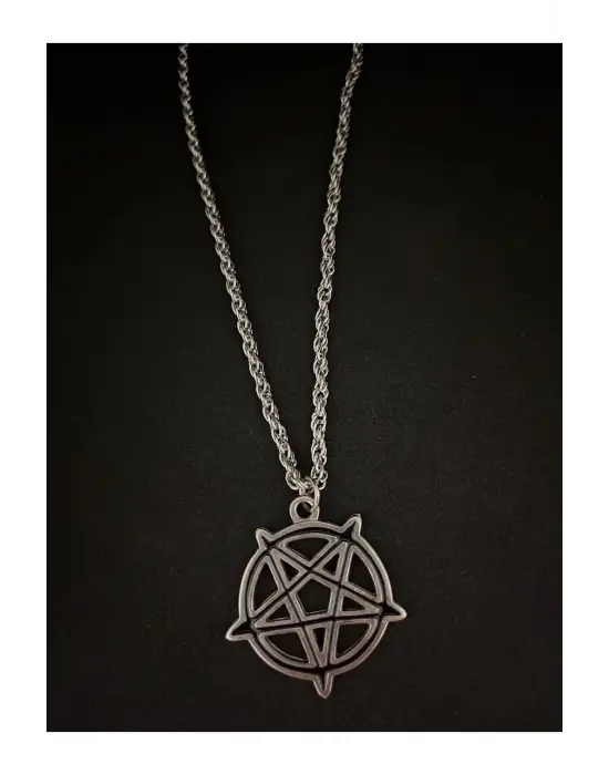 Siyah Gümüş Kaplama Paslanmaz Çelik Unisex Gotik Pentegram Aksesuar Zincirli Kolye