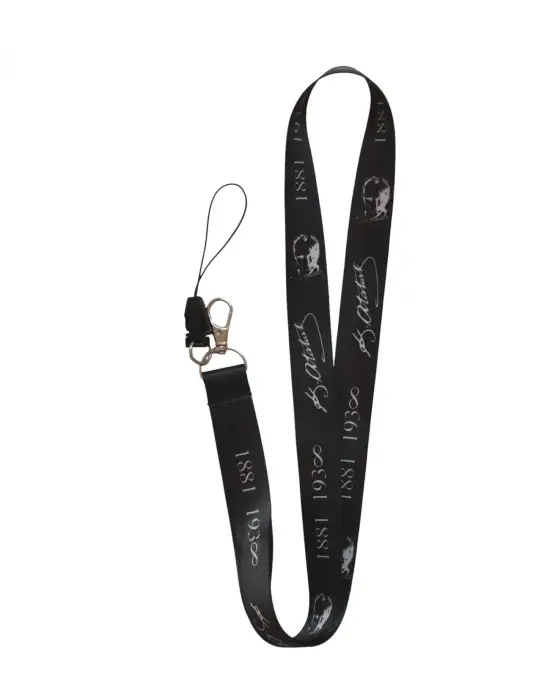 Siyah Renk Kemal Atatürk İmzalı ve Portreli Boyun İpi Askısı Yaka Kartı Tutucu-Telefon Askısı