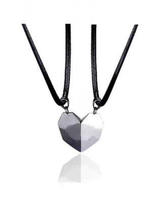 2li Gri Siyah Iki Adet Mıknatıslı Çift Kalp Sevgili Metal Kolye Takı