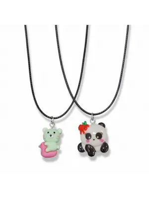 2li BFF Best Friends Arkadaşlık Kolyesi - Sevimli Panda ve Yeşil Ayıcık Figürlü Siyah İpli Kolye Seti
